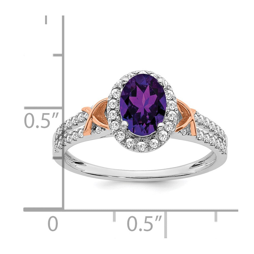 Solid 14K White/Rose Gold White w/RG Accent Simulated Amethyst and CZ Halo Ring