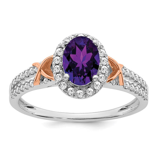 Solid 14K White/Rose Gold White w/RG Accent Simulated Amethyst and CZ Halo Ring