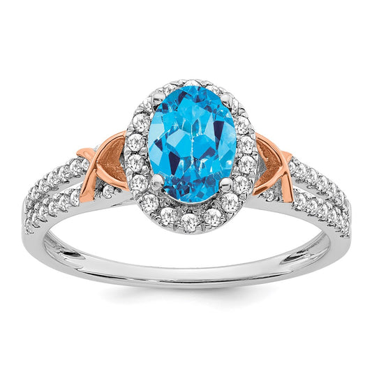 Solid 14K White/Rose Gold White w/RG Accent Simulated Blue Topaz and CZ Halo Ring