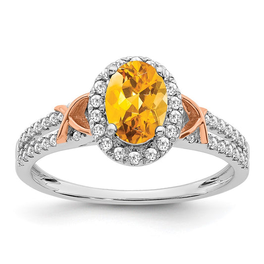 Solid 14K White/Rose Gold White w/RG Accent Simulated Citrine and CZ Halo Ring