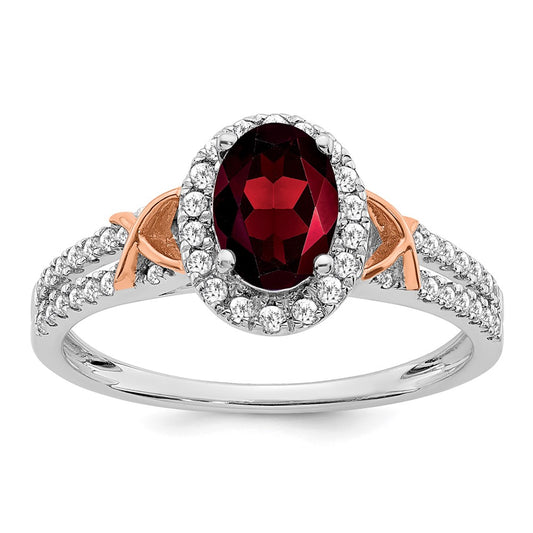 Solid 14K White/Rose Gold White w/RG Accent Simulated Garnet and CZ Halo Ring