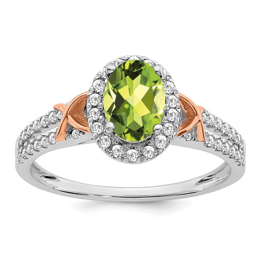 Solid 14K White/Rose Gold White w/RG Accent Simulated Peridot and CZ Halo Ring