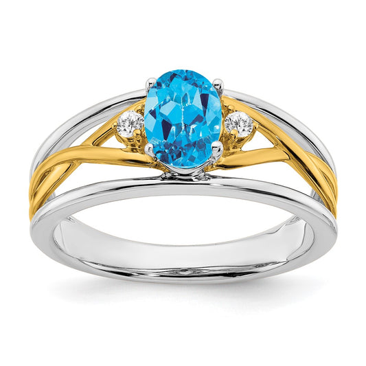 Solid 14k Two-tone Simulated Blue Topaz and CZ Ring