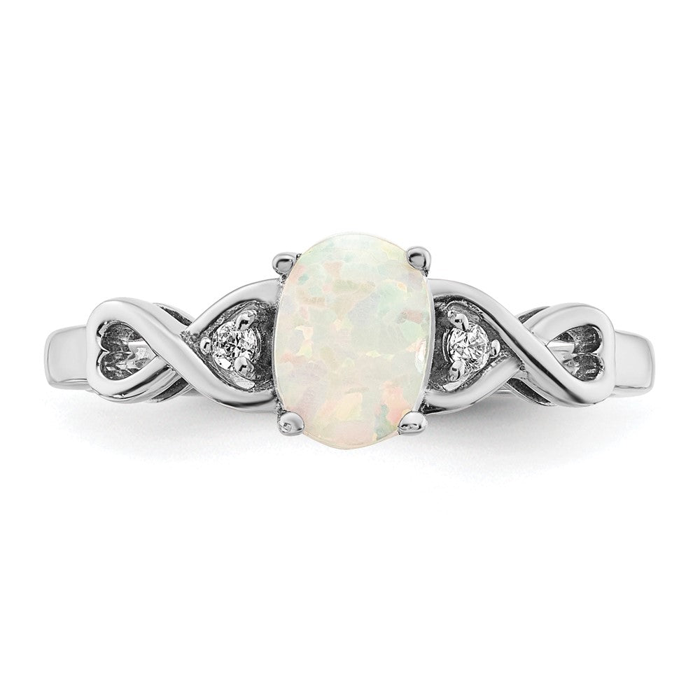 14k White Gold Created Opal and Real Diamond Ring