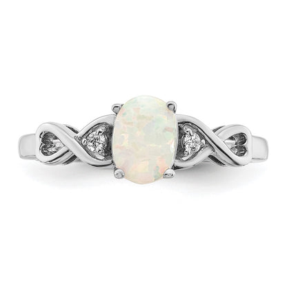 14k White Gold Created Opal and Real Diamond Ring