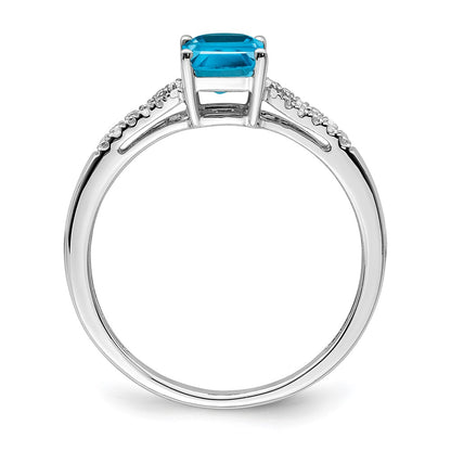 14k White Gold Emerald-cut Blue Topaz and Real Diamond Ring