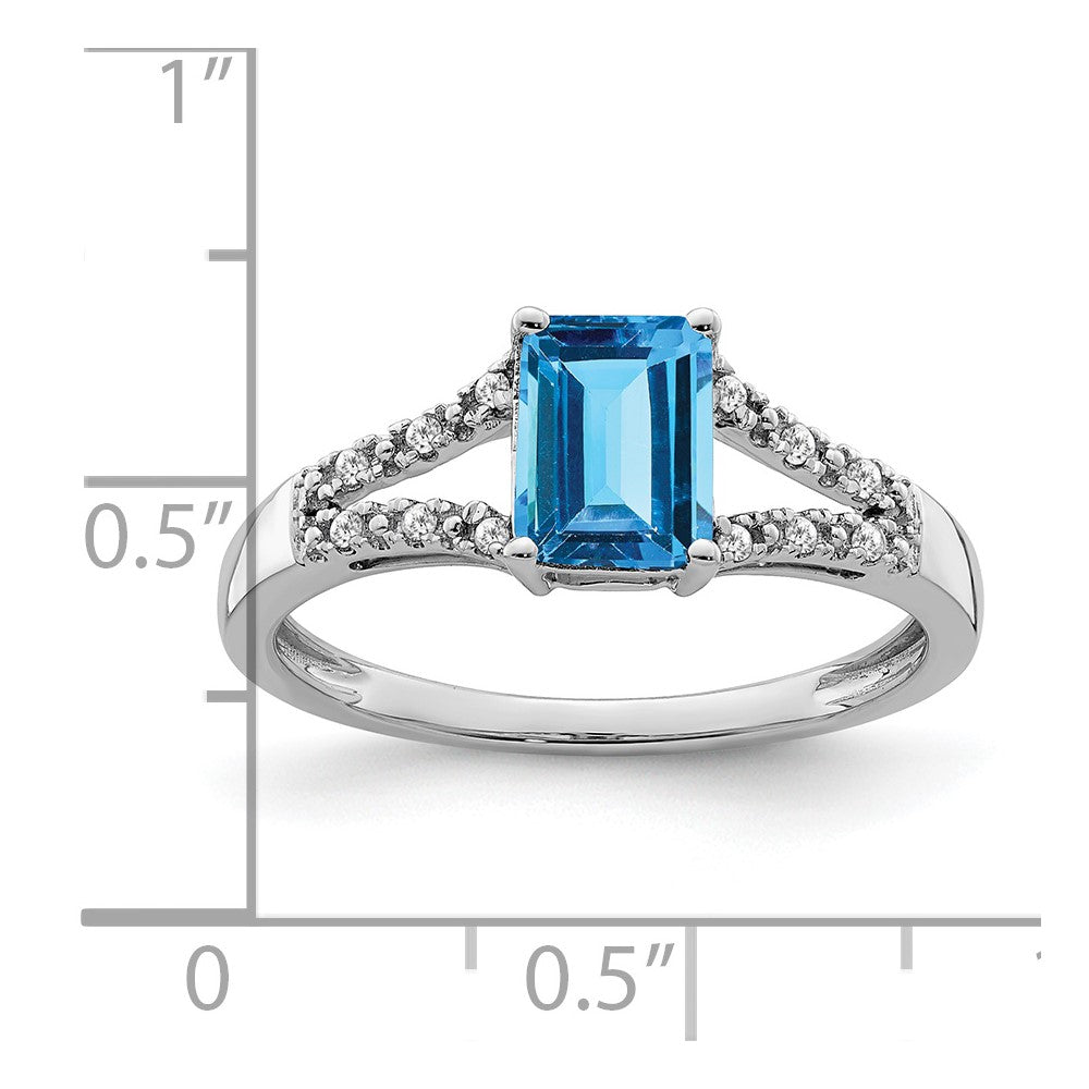 14k White Gold Emerald-cut Blue Topaz and Real Diamond Ring