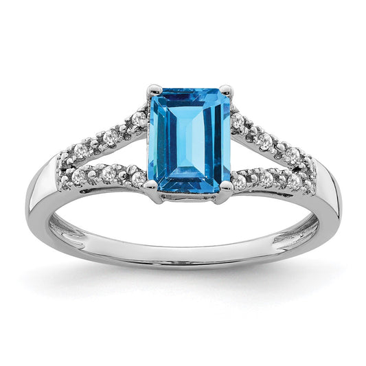 Solid 14k White Gold Simulated Emerald Simulated-cut Blue Topaz and CZ Ring