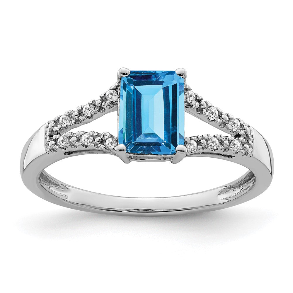 14k White Gold Emerald-cut Blue Topaz and Real Diamond Ring