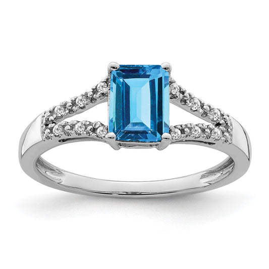 14k White Gold Emerald-cut Blue Topaz and Real Diamond Ring