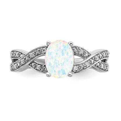 14k White Gold Created Opal and Real Diamond Ring