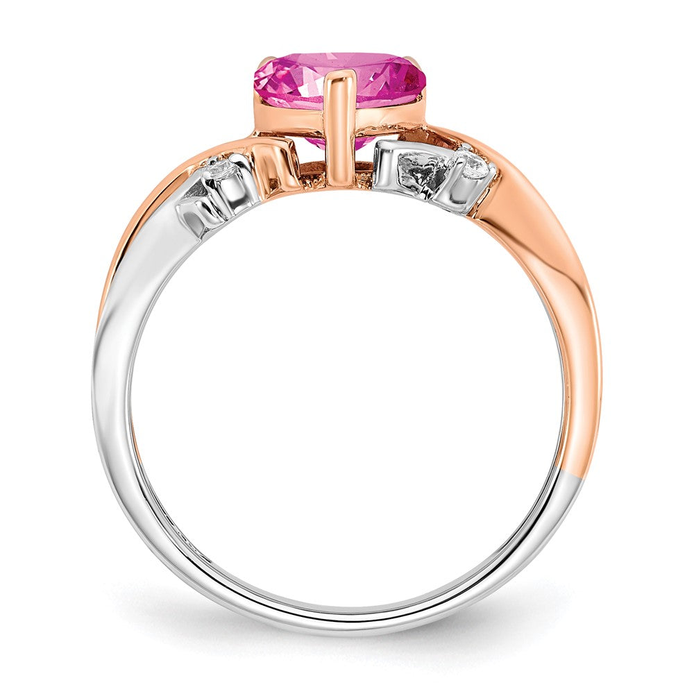 14k Two-Tone Gold Heart Created Pink Sapphire and Real Diamond Ring