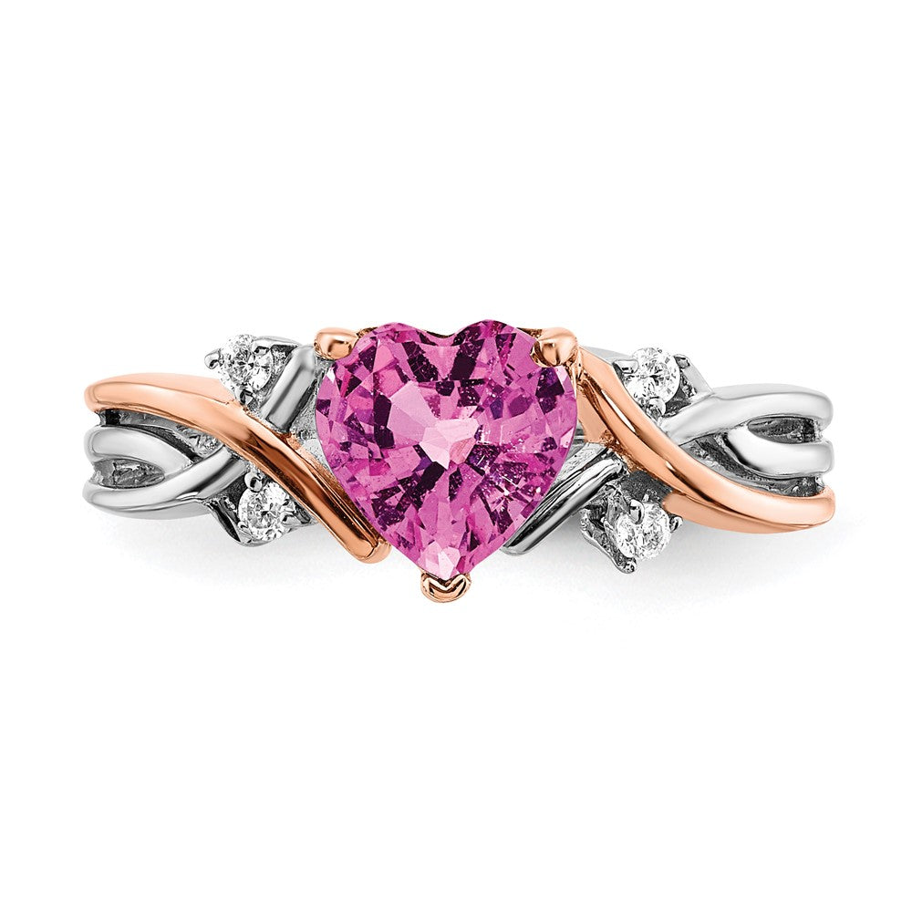 14k Two-Tone Gold Heart Created Pink Sapphire and Real Diamond Ring