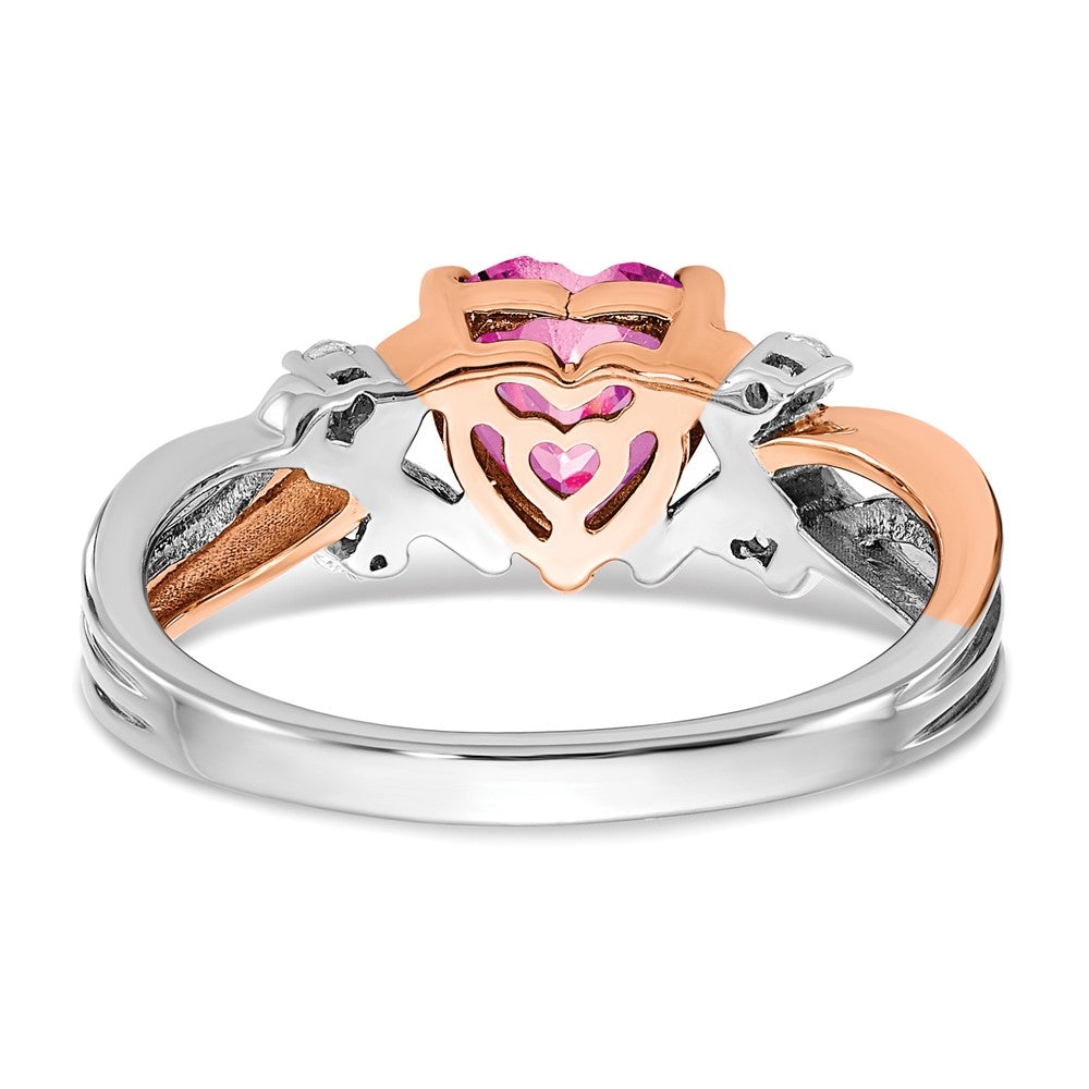 14k Two-Tone Gold Heart Created Pink Sapphire and Real Diamond Ring