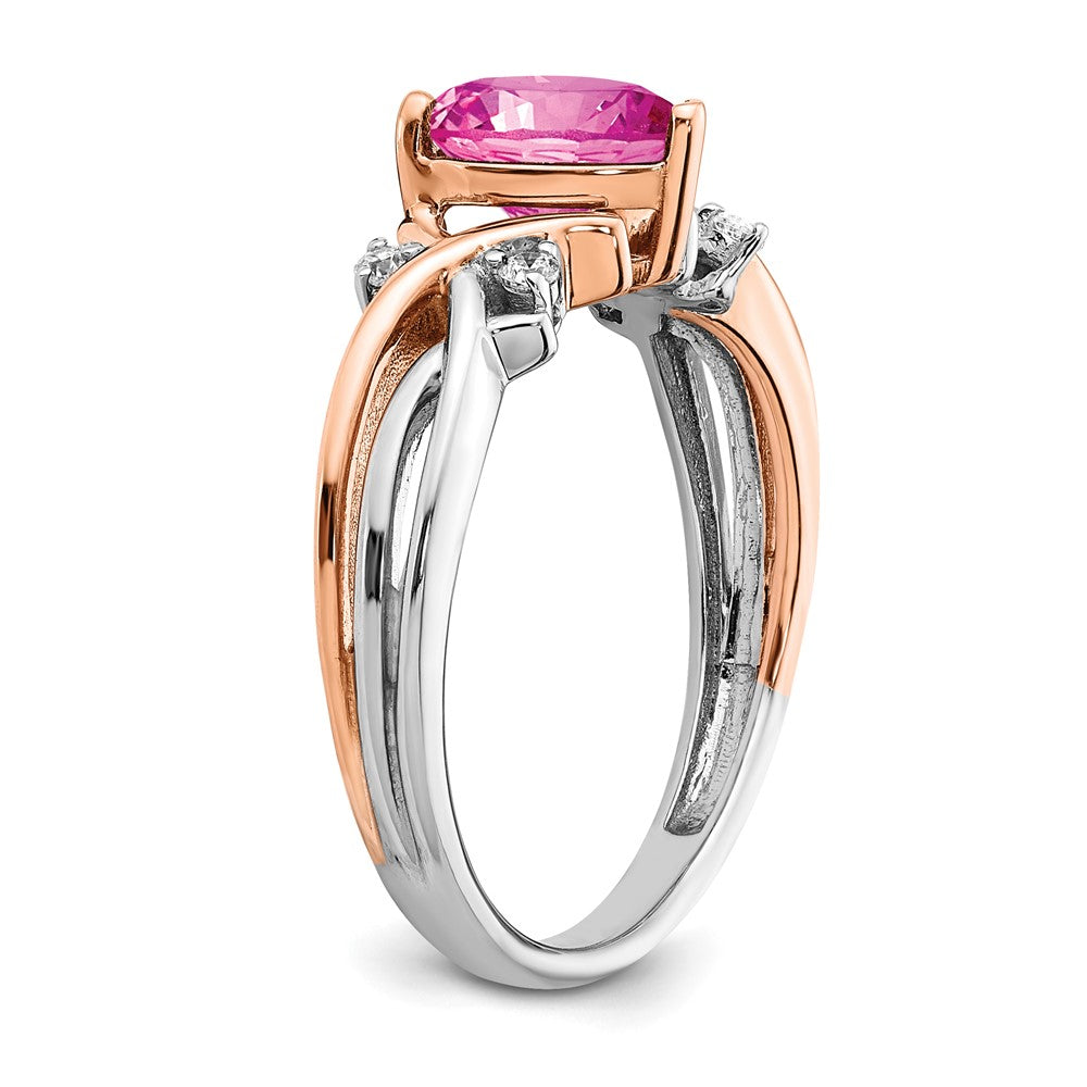 14k Two-Tone Gold Heart Created Pink Sapphire and Real Diamond Ring