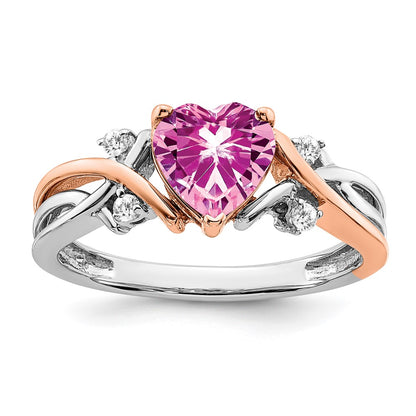 14k Two-Tone Gold Heart Created Pink Sapphire and Real Diamond Ring