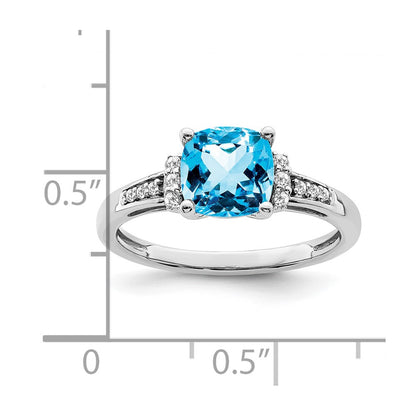 14k White Gold Cushion Blue Topaz and Real Diamond Ring