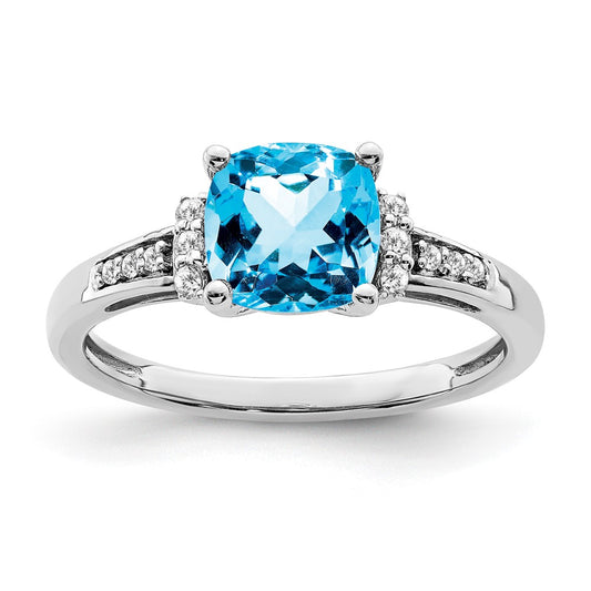Solid 14k White Gold Cushion Simulated Blue Topaz and CZ Ring