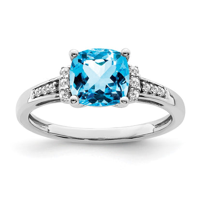 14k White Gold Cushion Blue Topaz and Real Diamond Ring