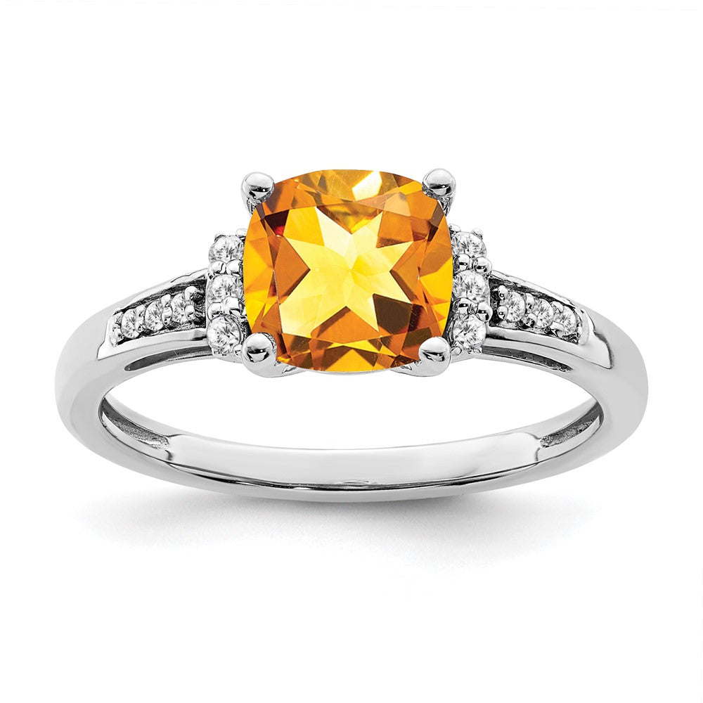 14k White Gold Cushion Citrine and Real Diamond Ring