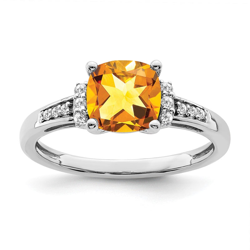 14k White Gold Cushion Citrine and Real Diamond Ring