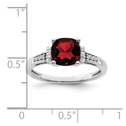 14k White Gold Cushion Garnet and Real Diamond Ring
