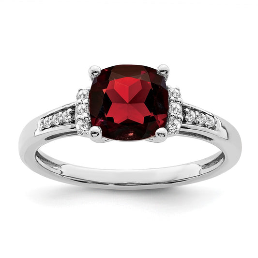 Solid 14k White Gold Cushion Simulated Garnet and CZ Ring