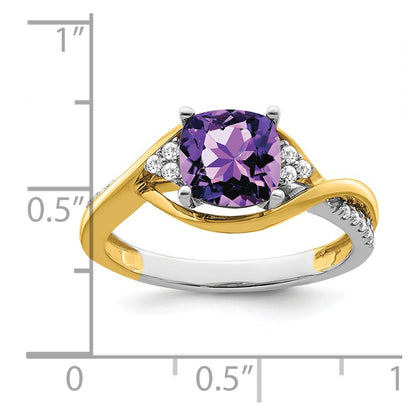 14k Two-Tone Gold Cushion Amethyst and Real Diamond Ring