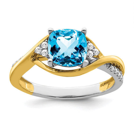 Solid 14k Two-tone Cushion Simulated Blue Topaz and CZ Ring