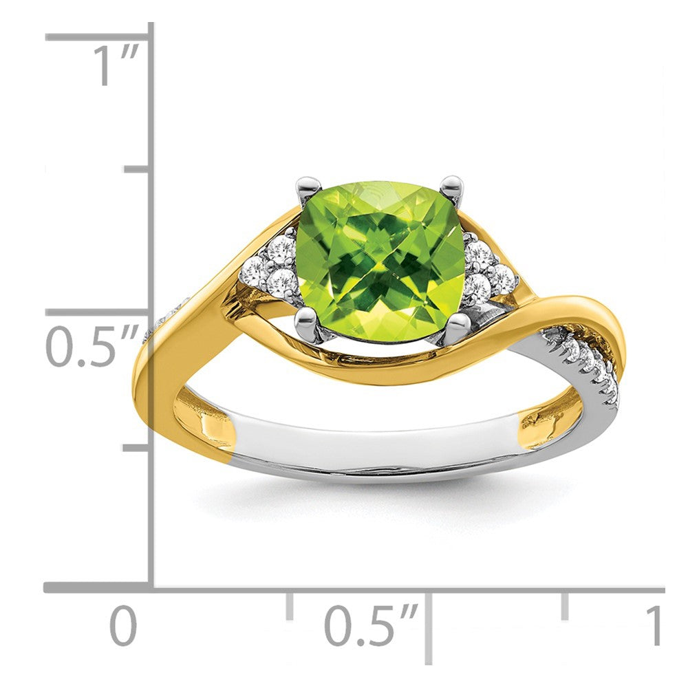 Solid 14k Two-tone Cushion Simulated Peridot and CZ Ring