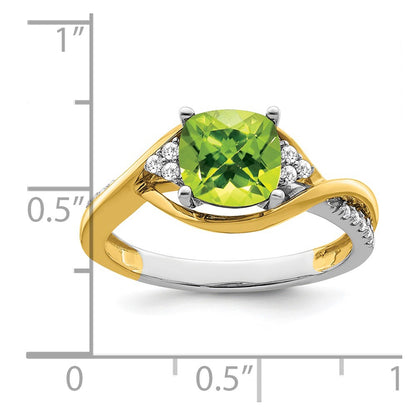 Solid 14k Two-tone Cushion Simulated Peridot and CZ Ring
