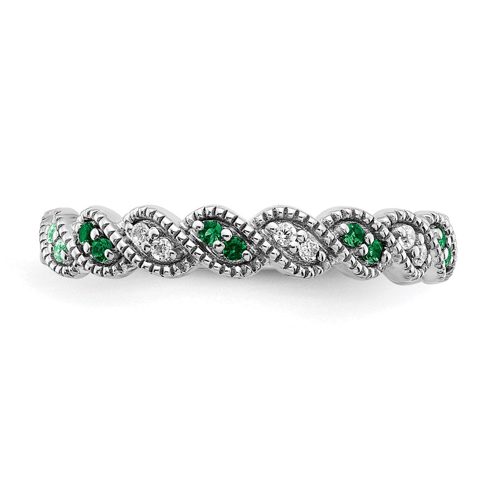 14k White Gold Emerald and Real Diamond Twist Band