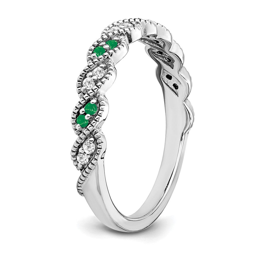 14k White Gold Emerald and Real Diamond Twist Band
