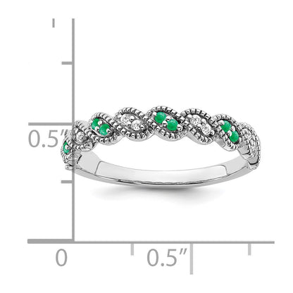 Solid 14k White Gold Simulated Emerald and CZ Twist Band