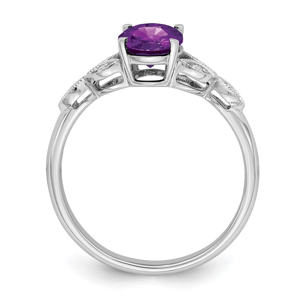 Solid 14k White Gold Oval Simulated Amethyst and CZ Ring