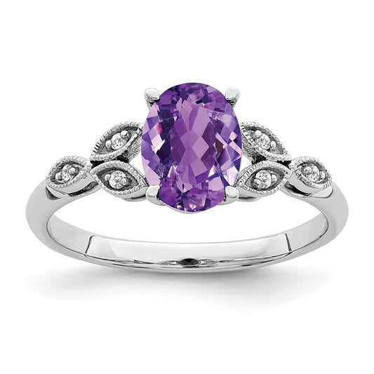 Solid 14k White Gold Oval Simulated Amethyst and CZ Ring