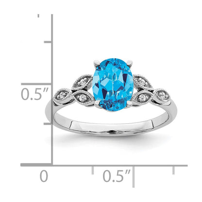 14k White Gold Oval Blue Topaz and Real Diamond Ring