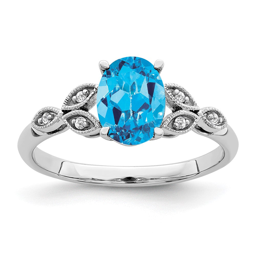 14k White Gold Oval Blue Topaz and Real Diamond Ring