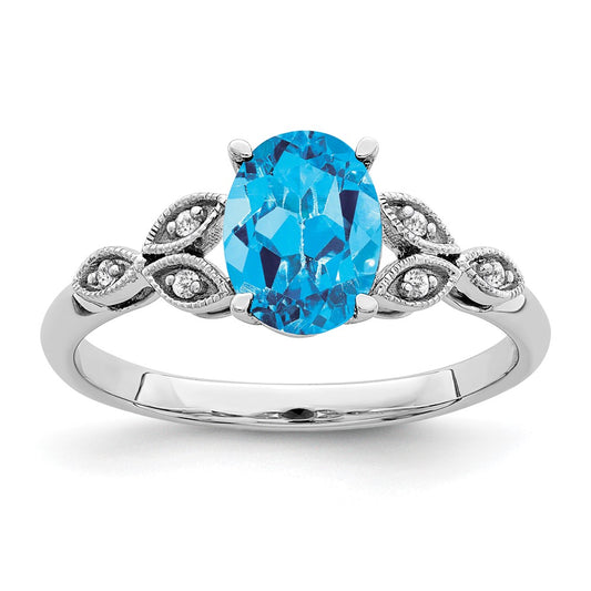 14k White Gold Oval Blue Topaz and Real Diamond Ring