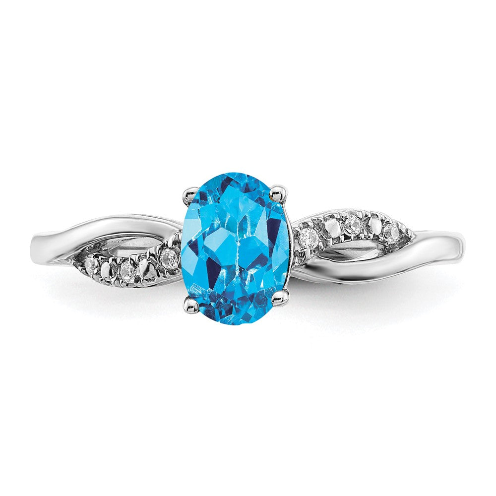 14k White Gold Oval Blue Topaz and Real Diamond Ring
