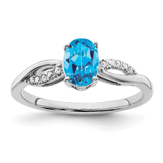 14k White Gold Oval Blue Topaz and Real Diamond Ring