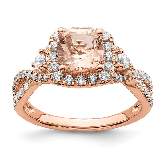 Solid 14k Rose Gold Morganite Simulated CZ Halo Engagement Ring