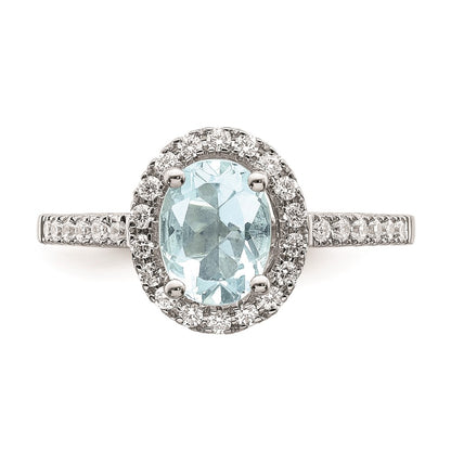 Solid 14k White Gold Simulated Aquamarine CZ Halo Complete Engagement Ring