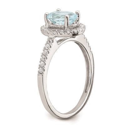 Solid 14k White Gold Simulated Aquamarine CZ Halo Complete Engagement Ring