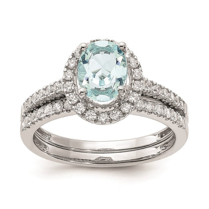 Solid 14k White Gold Simulated Aquamarine CZ Halo Complete Engagement Ring