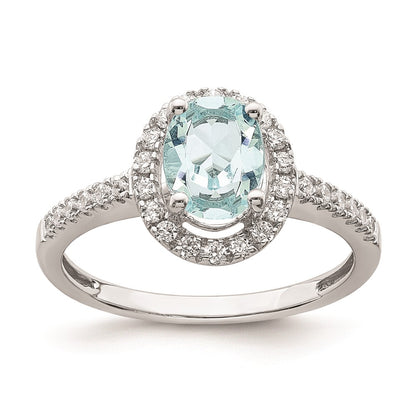 Solid 14k White Gold Simulated Aquamarine CZ Halo Complete Engagement Ring