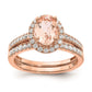 Solid 14k Rose Gold Morganite Simulated CZ Halo Complete Engagement Ring