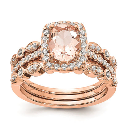 Solid 14k Rose Gold Morganite Simulated CZ Halo Complete Engagement Ring