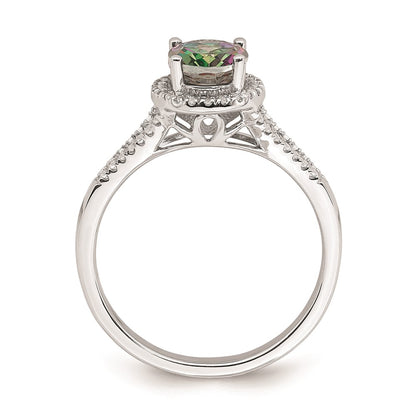 Solid 14k White Gold Mystic Fire Simulated CZ Halo Complete Engagement Ring