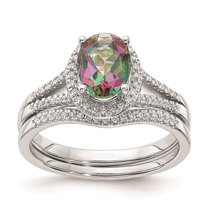 Solid 14k White Gold Mystic Fire Simulated CZ Halo Complete Engagement Ring